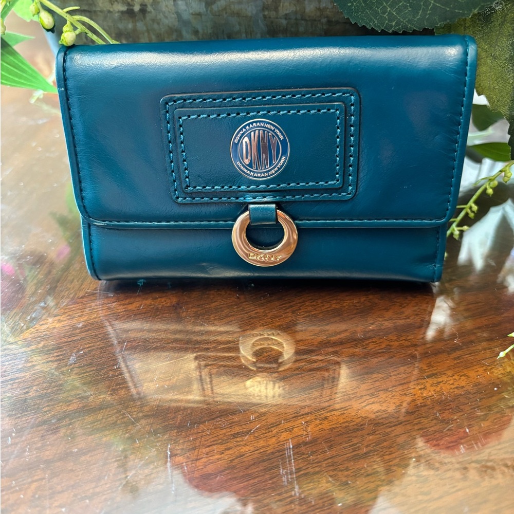 DKNY Teal Leather Wallet with Gold Accent NEW Still Tagged